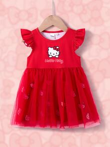 HELLO KITTY AND FRIENDS | SHEIN Gaun Bayi Perempuan Warna Polos Lengan Flutter Kerah Bulat Motif Kartun dengan Kelim Mesh - Merah - View 3