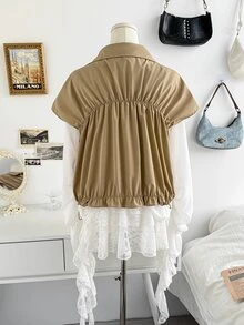 Soleia Autumn/Winter Zipper Pleated Vest Sleeveless Jacket - Beige - View 2