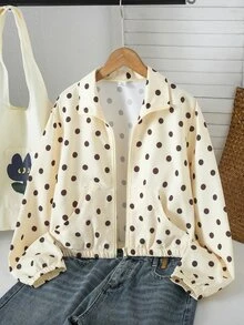 SHEIN 青少年女孩時尚波點拉鍊立領短版長袖外套 - 彩色 - 查看 1