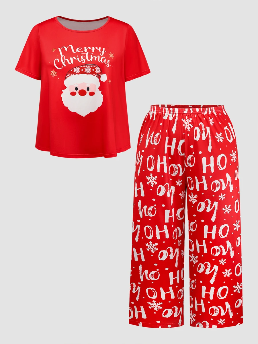 Chillnights Plus Size Christmas Print Crew Neck Short Sleeve Pajama Top And All-Over Print Pajama Pants Set - Red and White - View 1