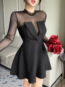 DAZY Women's Elegant Mesh Patchwork Cinched Waist Midi Dress For Party And Gathering - Black - View 5