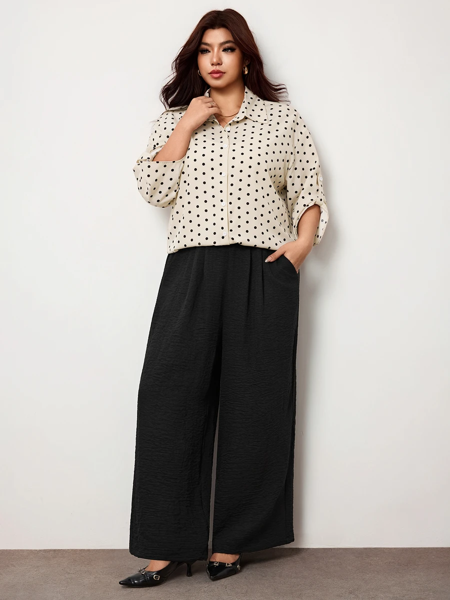 Enliva Plus Size Women's Polka Dot Shirt And Black Trousers Two Pieces SetApple,Rounded Body - Multicolor - View 1