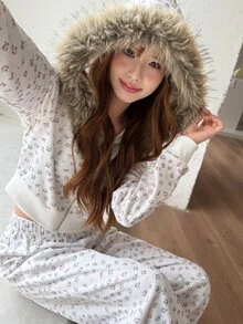 K-Vae Women's Korean Style Gentle Ditsy Floral Oversized Fur Collar Sweatshirt & Wide Leg Sweatpants Casual Versatile Set - Multicolor - View 7