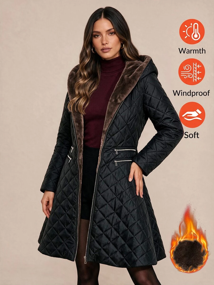 Amorya Women's Long Sleeve Zipper Front Thermal Lined Hooded Winter Jacket - Black - View 1