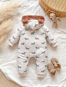 SHEIN Vintaside Kids 1件男嬰連帽連身衣 可愛學院風 白色棕色臘腸狗印花 熊耳朵 毛絨內裡 長袖 連帽 加厚 冬季節日毛衣 秋季拉鍊款 - 杏色 - 查看 2