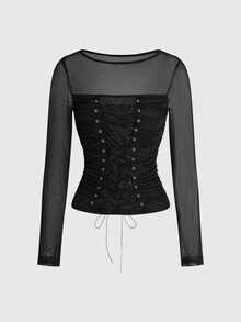 ROMWE Grunge Punk Sexy Hot Girl Mesh Sheer Eyelet Lace-Up Punk Women's Top - Black - View 1