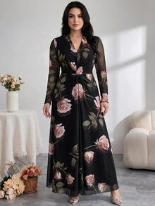 Modelyn 大尺碼女款花卉印花長袖優雅洋裝 - 彩色 - 查看 4