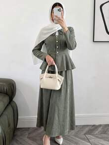 Solavon Women's Solid Color Long Sleeve Top And Skirt Casual Two Pieces Set - Army Green - View 1