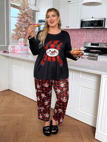 Slumberry CURVE Sweet & Cute Christmas Plaid Colorblock Crew Neck Pullover Plus Size Pajama Set - Multicolor - View 6