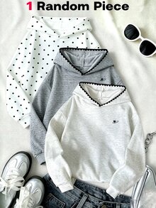 SHEIN 青少年女孩淺灰色連帽套頭衛衣，黑色波浪邊飾，秋冬校園日常穿著 - 灰色 - 查看 1