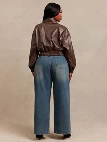 SHEIN SXY جاكيت قصير فضفاض برقبة على شكل حرف V وأكمام طويلة من الجلد الصناعي البني للشتاء - شوكولاته بني - مشاهدة 8
