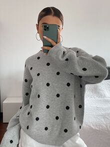 Livesso Petite Áo len dài tay họa tiết chấm bi phong cách thường ngày cho nữ - Xám - Xem 4