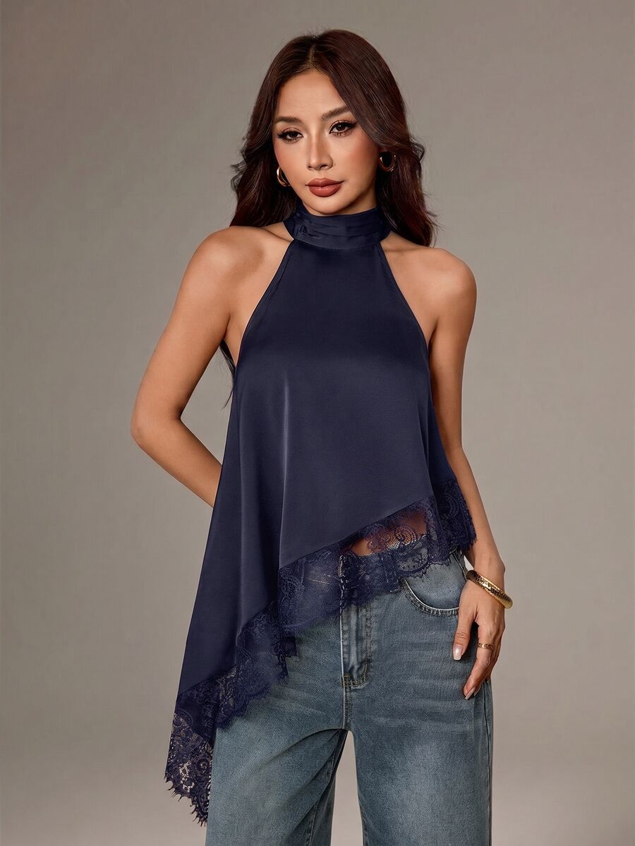 SHEIN PETITE 不對稱高領掛脖上衣,蕾絲飾邊,晚宴派對雞尾酒會正式優雅款 - 藏蓝色 - 查看 1