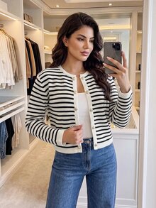 Dripcurv Plus Size Women's Striped Long Sleeve Single-Breasted Casual Knit Cardigan - Black and White - View 3