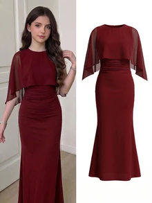 SHEIN Teen Girls Partywear Red Elegant Tight Fitted Dress Wedding Formal Dinner Summer - Burgundy - View 4