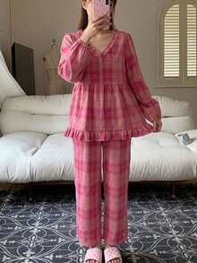 DAZY 2pcs Women's Pajama Set With V-Neck Half-Button Long Sleeve Top And Straight Leg Long Pants, Plaid With Frill Trim - Pink - View 3