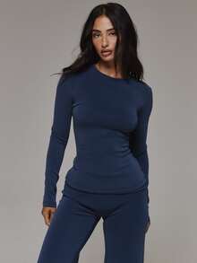 Musera Sport Crewneck Long Sleeve Fitted Soft Touch Active Coord Top Only Sport Essentials Basics Gym Workout Autumn Fall Winter - Navy Blue - View 1