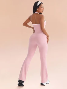 Eassivo Women's Minimalist Pleated Colorblock Sports Jumpsuit - Pink - View 7