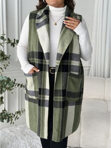 SHEIN LUNE 雙面毛絨格紋印花中長版冬季大衣 - 軍綠色 - 查看 4
