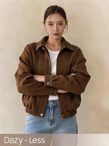 DAZY Women's Solid Color Lapel Dropped Shoulder Sleeve Zipper Jacket, Autumn/Winter - Brown - View 6