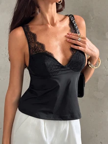 Aloruh Women's Autumn/Winter Sexy Lace Patchwork Deep V-Neck Tank Top - Black - View 4
