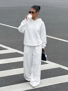 Muchica 休閒極簡風女款兩件套，秋冬女款帽 T 與運動長褲套裝，適合秋冬，百搭日常穿著 - 白色 - 查看 4