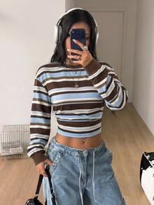 Coolane Women's Striped Crew Neck Drop Shoulder Long Sleeve Casual Cropped Sweatshirt - White - View 6