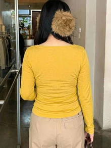 Dazy Plus Letter Print Asymmetric Shoulder Neckline Casual Long Sleeve Brown Spring/Autumn T-Shirt For Girls Graphic Tees - Yellow - View 2