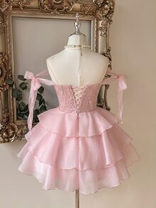 Lovelzi Elegant Luxurious Handmade 3D Applique Decorated Strapless Ruched Multi-Boning Fitted A-Line Short Formal Evening Gown For Women - Pink - View 2