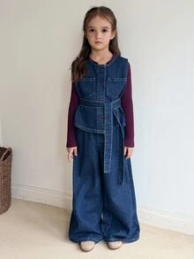Dazy Kids Tween Girl) Round Neck Casual Denim Shirt Top + Straight Leg Pants Two Pieces Denim Set - Dark Wash - View 3