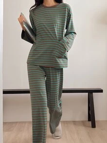 DAZY Striped Print Drop Shoulder Tee & Pants PJ Set - Coffee Brown - View 5