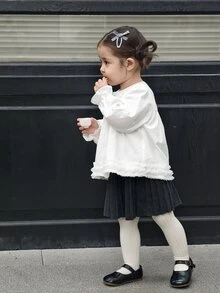 DAZY Infant/Toddler (Girl) Round Neck Long Sleeve Solid Color Spring/Autumn Korean Style Top - White - View 3
