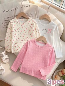 3pcs Girls Floral Cherry Bow Print Long Sleeve Crew Neck Tops, Casual Style For Autumn/Winter Wear - Multicolor - View 1