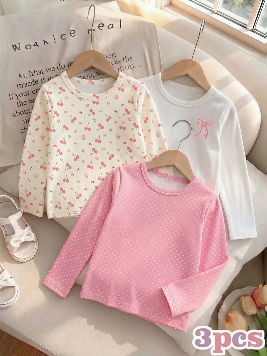 3pcs Girls Floral Cherry Bow Print Long Sleeve Crew Neck Tops, Casual Style For Autumn/Winter Wear - Multicolor - View 1