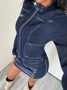 Jeanoix Women's Y2K Stand Collar Zipper Washed Denim Jacket - Dark Wash - View 8