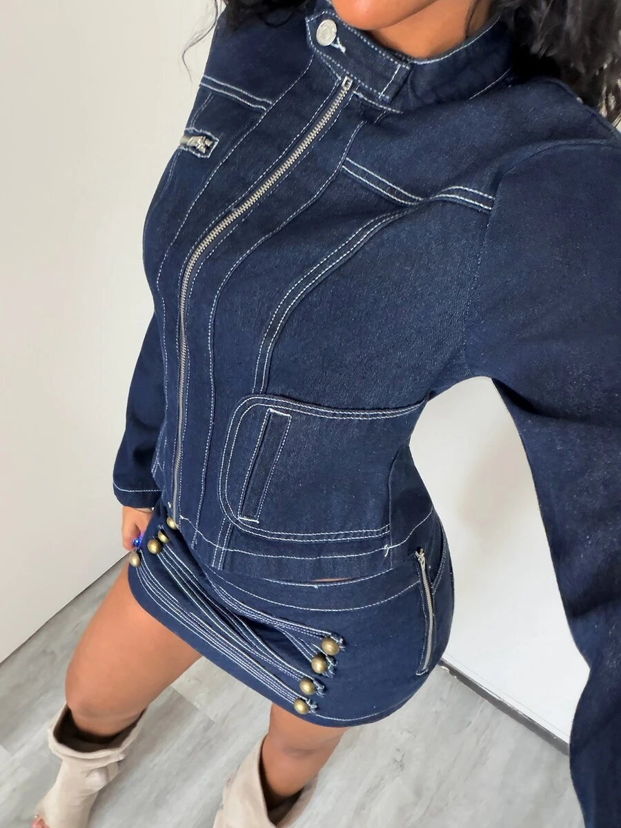 Jeanoix Women's Y2K Stand Collar Zipper Washed Denim Jacket - Dark Wash - View 1