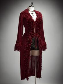 SHEIN ICON Cardigan Rajut Musim Dingin Ukuran Besar Model Vintage Y2K Leher V dengan Tali Pengikat di Depan dan Hiasan Rumbai Bulu - Burgundy - View 3