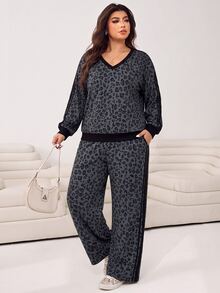 SHEIN EZwear 女款大尺碼V領長袖豹紋上衣與長褲兩件套 - 彩色 - 查看 6