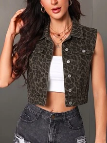 SHEIN Essnce 女款豹紋單排扣時尚牛仔背心外套 - 彩色 - 查看 1