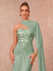 Lumalex VITNOS Autumn And Winter New High-End Elegant Cream Yellow Simple Chic Backless (Removable Sequins) Chest Ruffled Hem Mesh Transparent Fishtail Dress, Suitable For Date, Vacation, Party, Wedding, Bridesmaid Events, Evening Dress - Green - View 5