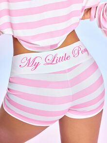 My Little Pony X SHEIN Women's Long Sleeve Cold Shoulder Striped Contrast Color Cartoon Print Top And Striped Shorts Two Pieces Set - White - View 3