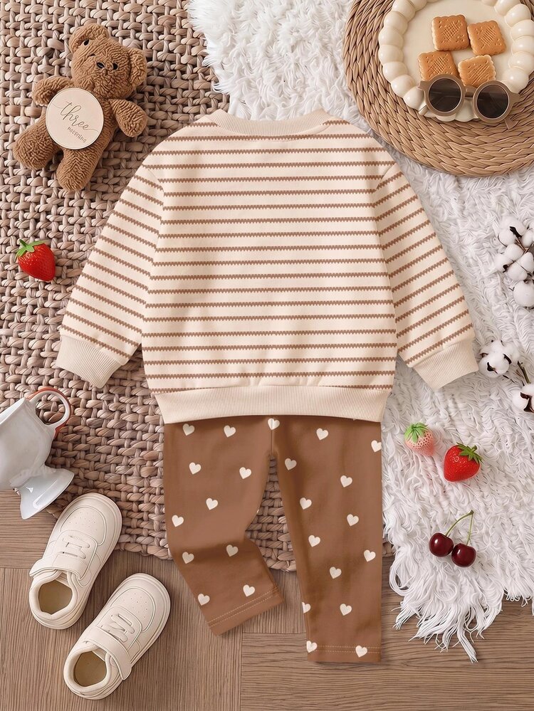 Little Girls 2pcs Set Striped Letter Print Crew Neck Sweatshirt & Heart Print Leggings, Sweet Autumn Casual Home & Outdoor Outfit - Multicolor - View 2