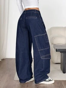 Muchica Celana Jeans Denim Wanita dengan Kantong Kargo, Potongan Lebar, dan Potongan Melengkung. - Biru - View 2