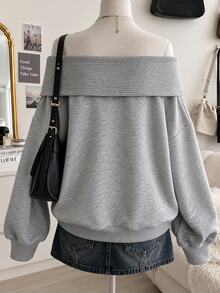 Lalippa Women's Solid Color Off-Shoulder Loose Fit Fashion Sweatshirt - Grey - View 2