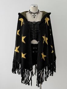 Sunspun Plus Size Fashion Star Pattern Button Front Cardigan Shawl - Black - View 8