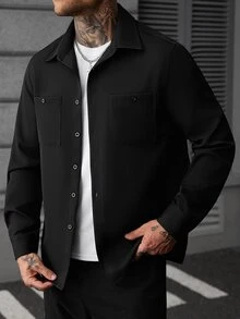 SLATEMANN Men's Single-Breasted Long Sleeve Pocket Shirt Casual Everyday Wear - Black - View 3