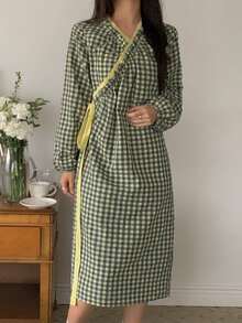 DAZY Women's V-Neck Plaid Pattern Fashion Casual Robe - Purple - View 7