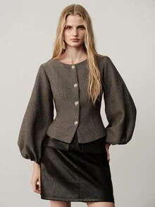 Aveloria Modichic Women's Solid Color Casual Versatile Daily Wear Lantern Sleeve Jacket - Coffee Brown - View 3