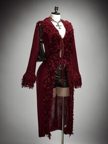 SHEIN ICON Cardigan Rajut Musim Dingin Ukuran Besar Model Vintage Y2K Leher V dengan Tali Pengikat di Depan dan Hiasan Rumbai Bulu - Burgundy - View 4