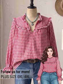 Rusticease Plus Size Korean Style Ruffle Trim Plaid Shirt - Red and White - View 10